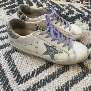 Golden Goose White and Blue Star Sneakers